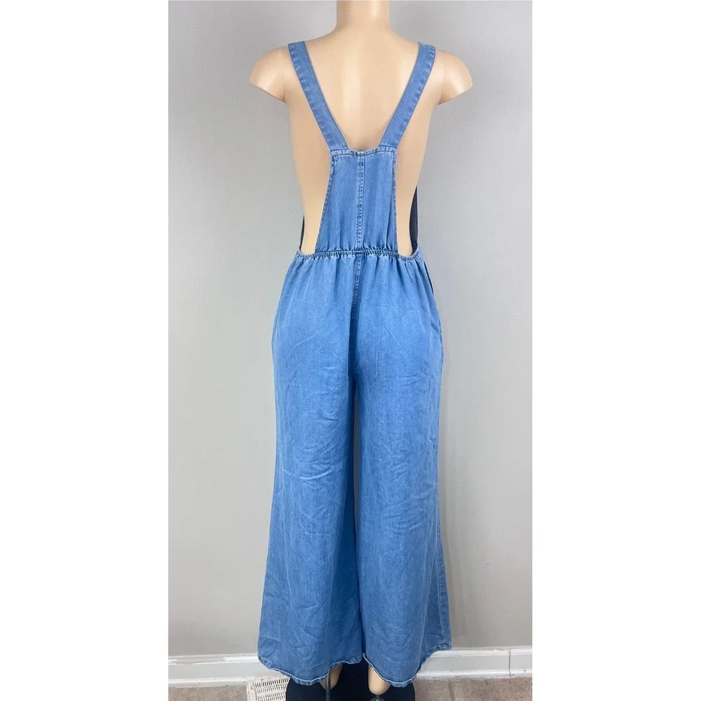 Denim Bib Overalls Women Medium Wide Leg Pleated‎ Blue Wash 90s Retro Boho READ